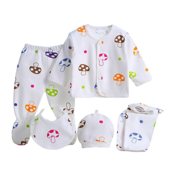 Edvintorg 5PCS cute cartoon printed Pyjamas Set for Newborn clothes Baby Boys Girls Long Sleeve Tops Hat Pants Bib sets Baby Costume