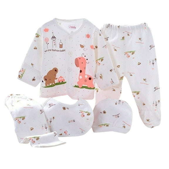 Edvintorg 5PCS cute cartoon printed Pyjamas Set for Newborn clothes Baby Boys Girls Long Sleeve Tops Hat Pants Bib sets Baby Costume
