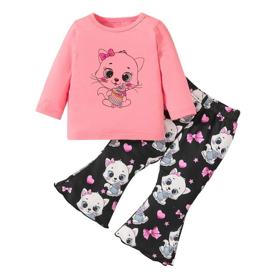 Edvintorg 6M-3Y Toddler Girl Fall Outfits Fashion Sweet Cute Print Long Sleeve Top Shirt and Flared Pants Suit Cotton Girls Boutique Outfits