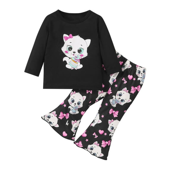 Edvintorg 6M-3Y Toddler Girl Fall Outfits Fashion Sweet Cute Print Long Sleeve Top Shirt and Flared Pants Suit Cotton Girls Boutique Outfits