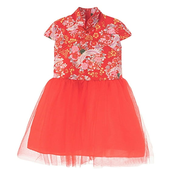 Edvintorg 6M-9Y Dress For Kids Girl 2024 Clearance Fashion Casual Cheongsam Dress Red Short Sleeve Mesh Princess Gauze Skirt Children Dresses Vestido Infantil