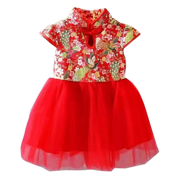Edvintorg 6M-9Y Summer Baby Girl Dresses Casual Printed Lace Cheongsam Dress Red Short Sleeve Mesh Princess Gauze Skirt Children Dresses Vestido Infantil