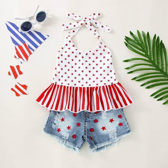 Edvintorg 6Months-4Years 4Th Of July Girl Set Clothes Clearance Summer Toddler Kids Baby Girls Independence Day Fashion Cute Sweet Star Print Ruffles Jeans Suit