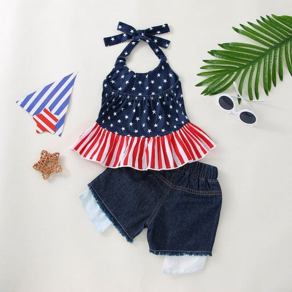 Edvintorg 6Months-4Years 4Th Of July Girl Set Clothes Summer Toddler Kids Baby Girls Independence Day Fashion Cute Sweet Star Print Ruffles Jeans Suit
