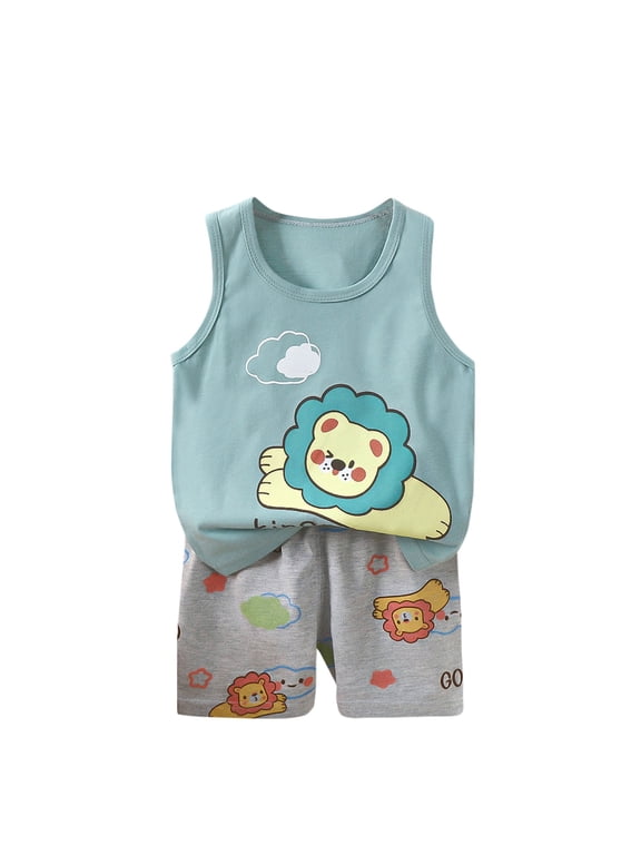 6Months-5Years Baby Boy's Clothing Fashion Cute Cartoons Print Sleeveless Casual Suit Loungewear Thin Air-Conditioned Clothing Cotton Home Clothing Two Piece Set