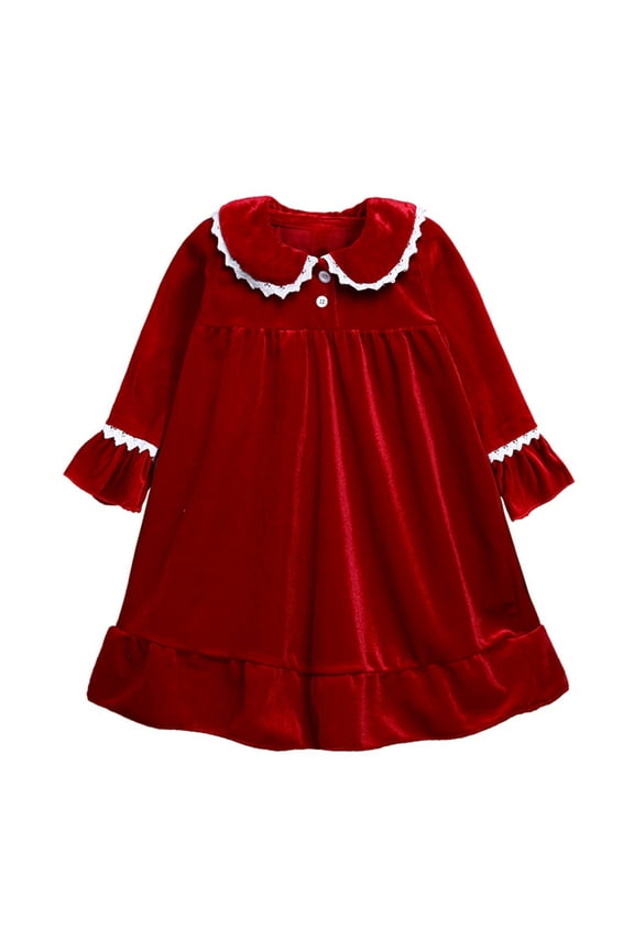 6Months-9Years Toddler Baby Kids Christmas Dress Winter Girls Solid Color Long Sleeved Home Wear Nightgown Clothes Fall Dress for Girls