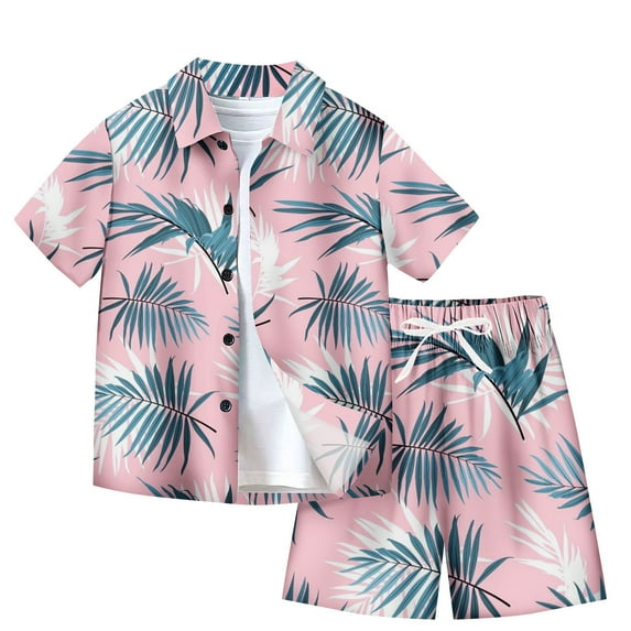 Edvintorg 7-14Y Beach Vacation Outfits For Boys Clearance Kids Summer Hawaiian Outfit Tropical Printed Casual Short Sleeve Turndown Collar Botton Shirt Short Sets