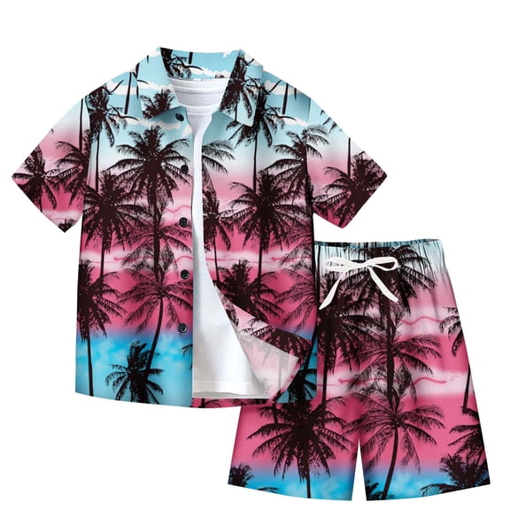 Edvintorg 7-14Y Boys Hawaiian Shirt and Short Set Summer Outfit Kids 2 Piece Clothes Tropical Printed Casual Short Sleeve Turndown Collar Botton Tops Short Sets