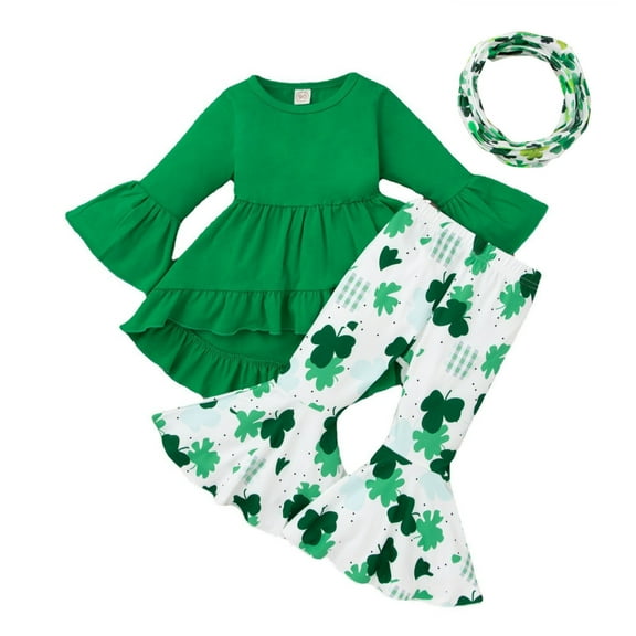 Edvintorg 9Months-4Years St. Patrick's Day Toddler Girl Outfits Set Solid Color Long Sleeve Tuxedo Skirt + Bell Bottoms + Hair Tie Children Clothes Girls Three-Piece Suit