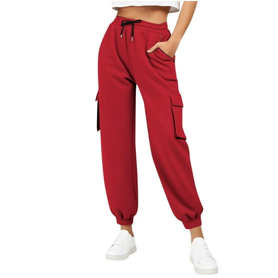Edvintorg Athletic Pants for Women Solid Color Elastic Waist Casual Trousers Joggers with Pocket Womens Sweatpants Plus Size Clothing Red A S