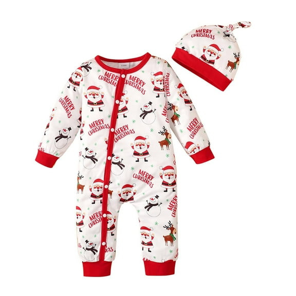 Edvintorg Baby Boy Christmas Outfit Fashion Santa Claus Printing Long Sleeved Romper Jumpsuit and Hat Two-Piece Set 0-18Months My First Christmas Baby Girl Outfit