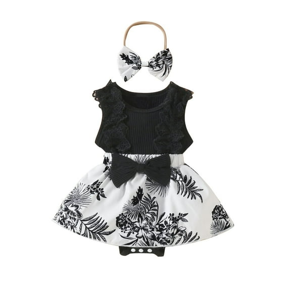 Edvintorg Baby Clothes for Girls Summer Infant Cotton Outfits Sleeveless Skirt Baby Girl Lace Bow Tie Dress Romper Hair Band Set on Clearance