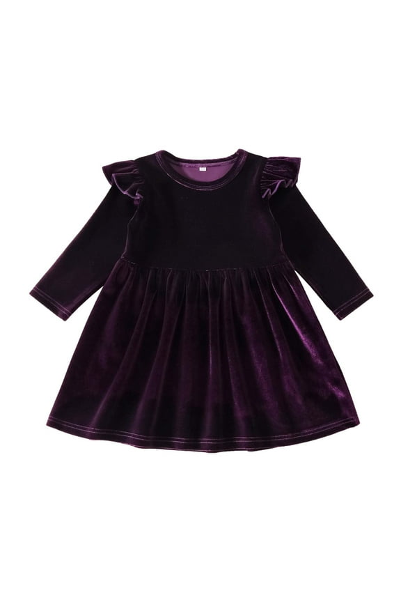 Baby Girls Dress Sweet Long Sleeve Round Neck Flock Macrame Solid Color Princess Dress Birthday Dress for Girls 9Months-5Years Infant Children Clothes