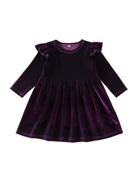 Baby Girls Dress Sweet Long Sleeve Round Neck Flock Macrame Solid Color Princess Dress Birthday Dress for Girls 9Months-5Years Infant Children Clothes