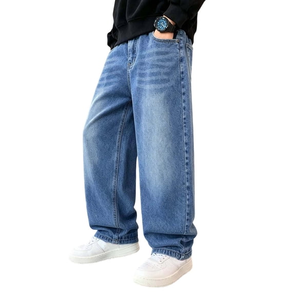 Edvintorg Baggy Jeans for Boys Streetwear Classic Wide Leg Jeans Elastic Waist Demin Pants with Pockets Teen Clothes 5-15