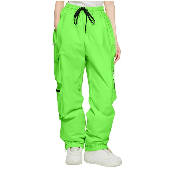 Edvintorg Baggy Pants Women Streetwear Casual Elastic Waist Windproof Waterproof Trousers Solid Color Outdoor Ski Pants with Pocket Green L