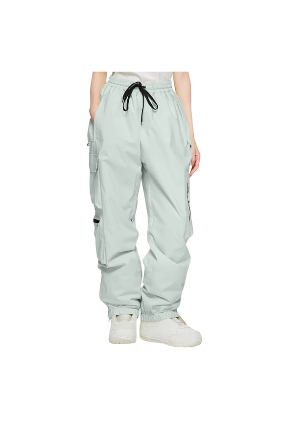 Baggy Pants Women Streetwear Casual Elastic Waist Windproof Waterproof Trousers Solid Color Outdoor Ski Pants with Pocket Mint Green M
