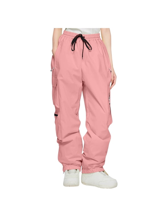 Baggy Pants Women Streetwear Casual Elastic Waist Windproof Waterproof Trousers Solid Color Outdoor Ski Pants with Pocket Watermelon Red M