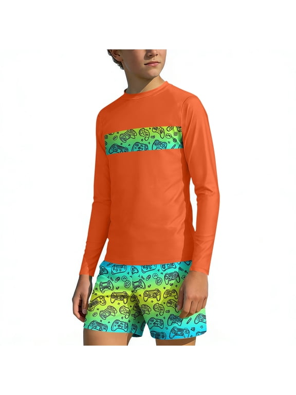 Bathing Suits for Boys Summer Surfing Swimsuit Crew Neck Beach Swim Top and Short Boys Two Piece Swimwear Size 3-14