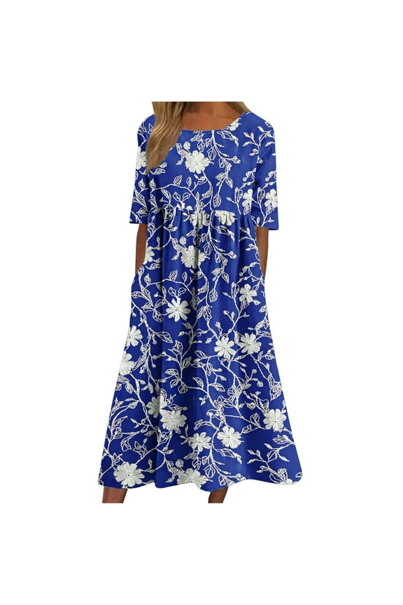 Beach Vacation Clothes for Women Vintage Floral Printed Round Neck Short Sleeve Casual Beach Dress Plus Size Summer Dresses for Women 2025