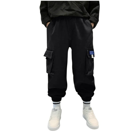 Edvintorg Black Cargo Pants Streetwear Elastic Waist Casual Sweatpants Trousers School Outfits 3-15 Years Boys Joggers with Pocket