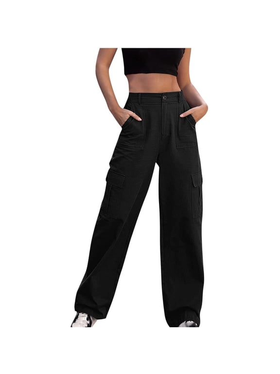 Black Cargo Pants Women Streetwear Solid Color Casual High Waist Baggy Cargo Pants Woman Cowboy Straight Cylinder Hip Hop Trousers with Pocket