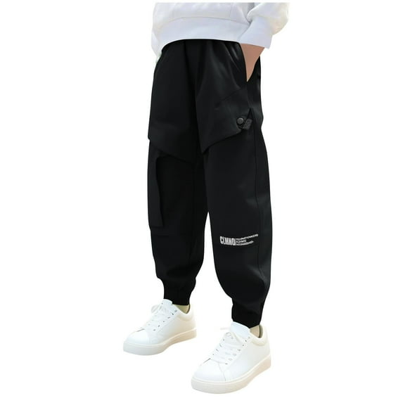 Edvintorg Black Cargo Pants for Boys Streetwear Solid Color Elastic Waist Casual Trousers with Pocket School Outfits 5-15 Years Boys Joggers