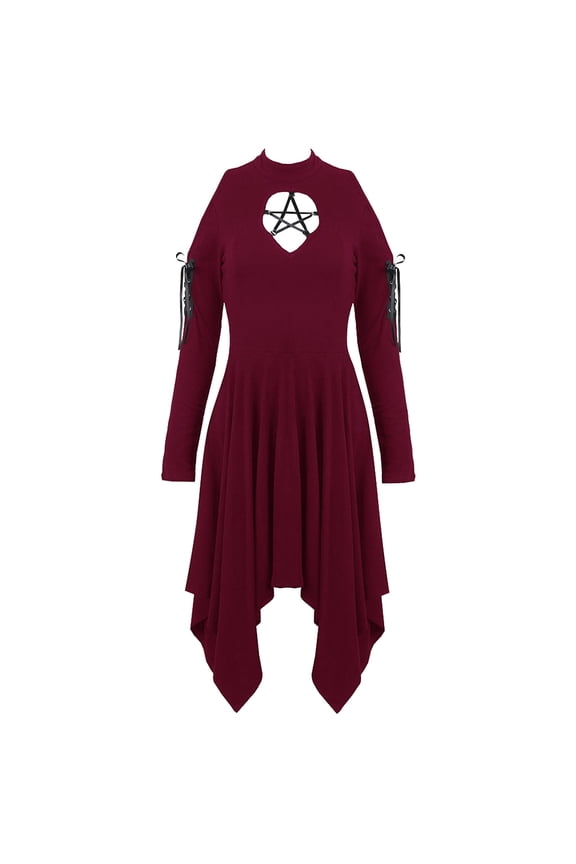 Black Gothic Dress for Women Halloween Costume Women's Halloween Costume Dark Punk Gothic Irregular Hem Long Sleeve Dresses Off Shoulder Hollow Lace Up Dress