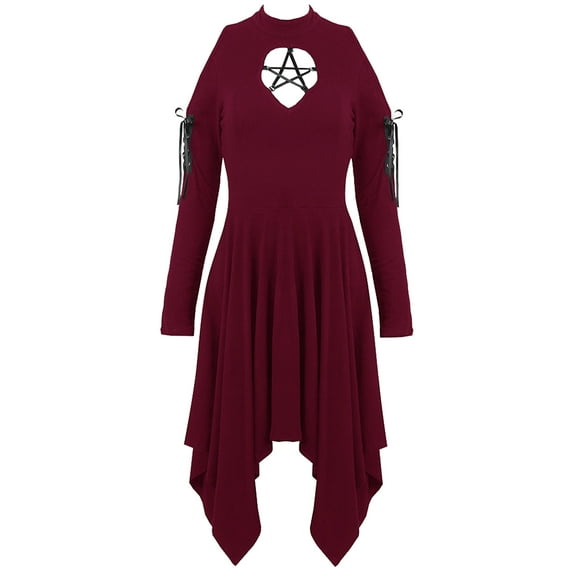 Edvintorg Black Gothic Dress for Women Halloween Costume Women's Halloween Costume Dark Punk Gothic Irregular Hem Long Sleeve Dresses Off Shoulder Hollow Lace Up Dress