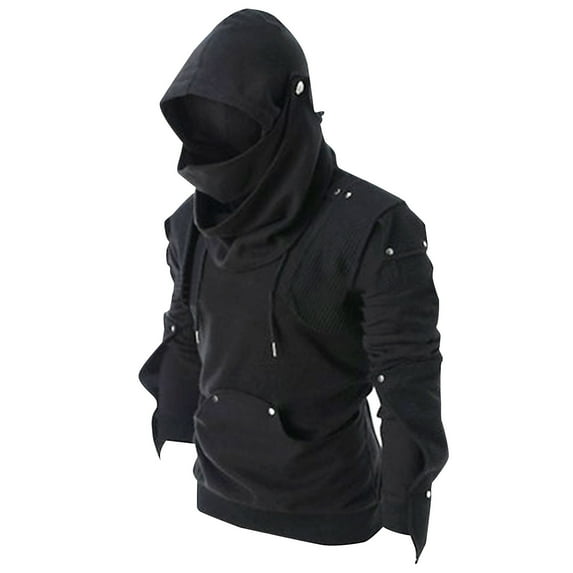 Edvintorg Black Hooded Oversized Sweatshirt Men Retro Dark Masked Drawstring Long Sleeve Hoodie Button Decorative Men's Top with Pockets
