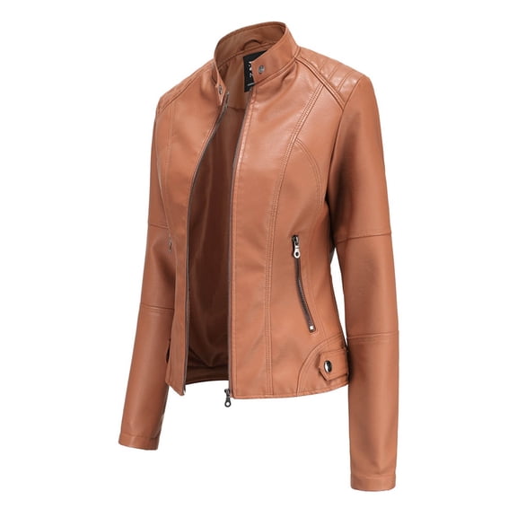 Edvintorg Black Leather Jacket Women's Slim Leather Stand-Up Collar Zipper Stitching Solid Color Jackets Streetwear Female Bomber