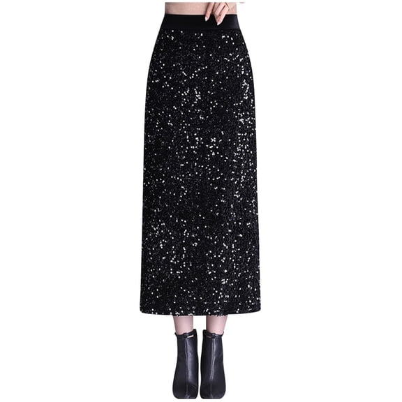 Edvintorg Black Midi Skirt for Women Fashion Sequin Solid Color High Waisted Skirt Slim and Hip Hugging Skirts for Women Party