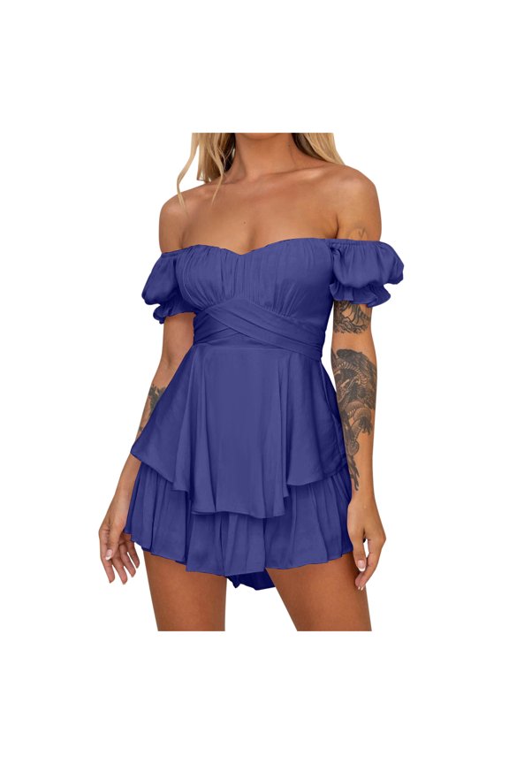 Black Off Shoulder Jumpsuit Women Short Womens Fashion Summer Solid Casual Short Sleeve Suspender Short Jumpsuit