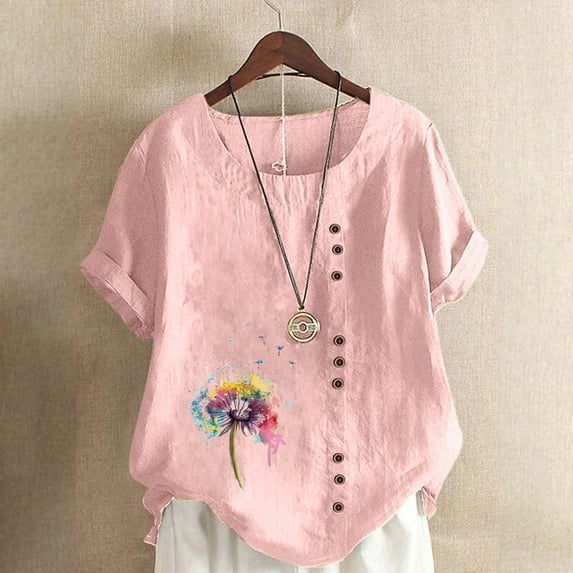Edvintorg Blouse and Top Women Cotton and Linen Shirts Casual Plus Size Shirt Summer Flower Printed Button Round Neck Short Sleeve Tops