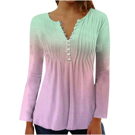 Edvintorg Blouse Long Sleeve Women Fashion Fall Sexy Fold Printed Long Sleeve V Neck Button Up Shirts Loose Fit Casual Tunic Tops