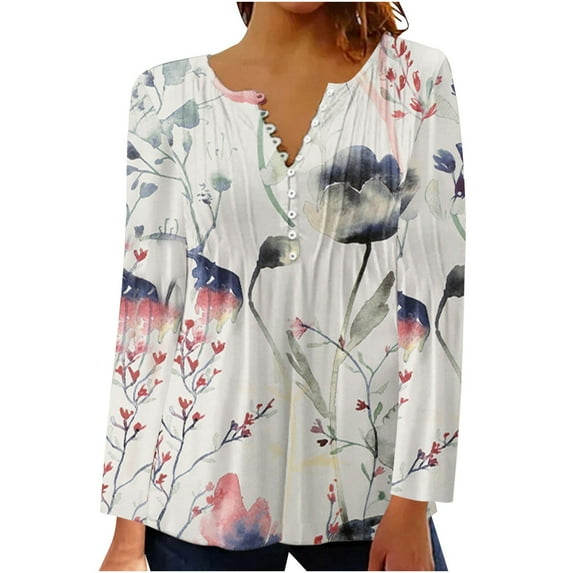 Edvintorg Blouse Long Sleeve Clearance Women Fashion Fall Sexy Fold Printed Long Sleeve V Neck Button Up Shirts Loose Fit Casual Tunic Tops