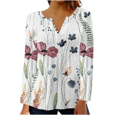 Edvintorg Blouses 2024 Female Clearance Women Fashion Fall Sexy Fold Printed Long Sleeves V Neck Button Up Shirts Loose Fit Casual Tunics Top