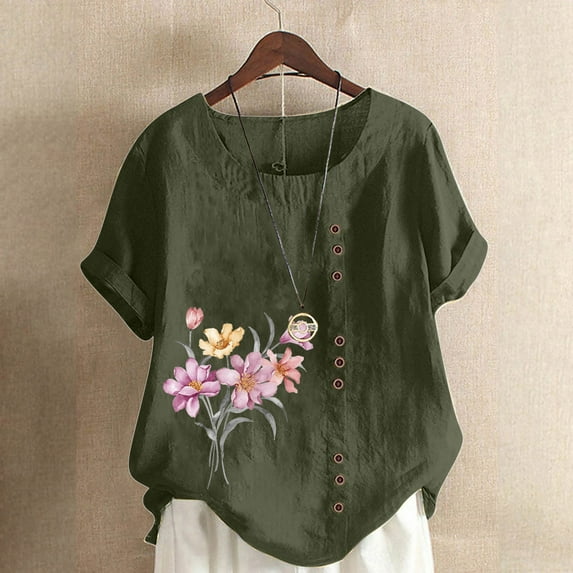 Edvintorg Blouses Women Floral Print Cotton And Linen Shirts Casual Plus Size Clothing Summer Round Neck Short Sleeve Button Tops Blusas Mujer De Moda 2025