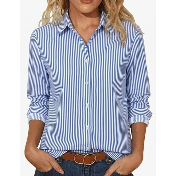 Edvintorg Blouses for Women Dressy Casual Striped Long Sleeve Turndown Collar Button Down Shirt Women Tops Fashion Clothing Red XXL