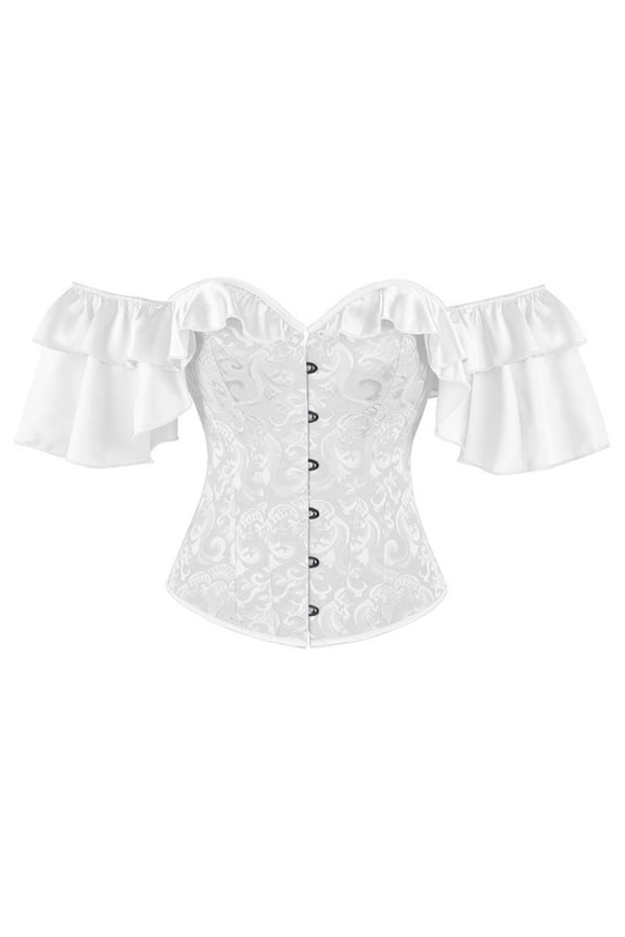 Body Shaper Women Off Shoulder Ruffle Short Sleeve Front Busk Steel Bone Corset Bustier Vintage Embossed Waist Trainer Women'S Clothes White XL