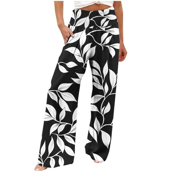 Edvintorg Boho Pants for Women 2025 Vintage Printing Flowy Palazzo Pants High Waisted Casual Loose Wide Leg Pants Womens Trousers