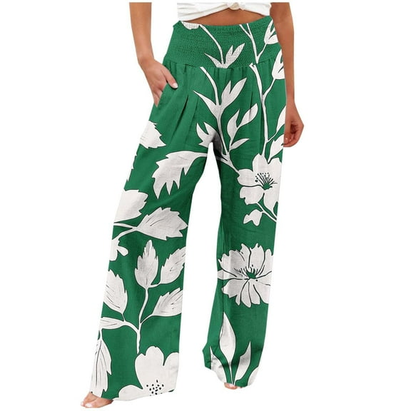 Edvintorg Boho Pants for Women Floral Printing Beach Palazzo Pants High Waisted Casual Loose Wide Leg Pants with Pockets Womens Trousers