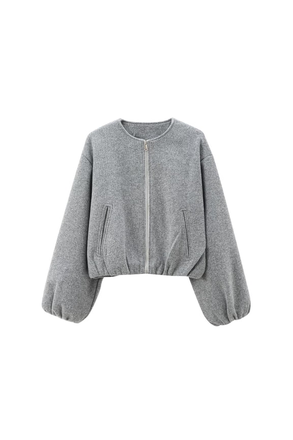 Bomber Jacket Women Long Sleeve Streetwear Solid Color Full Zip Casual Coat with Pocket Fall Winter Women's Clothing Gray L