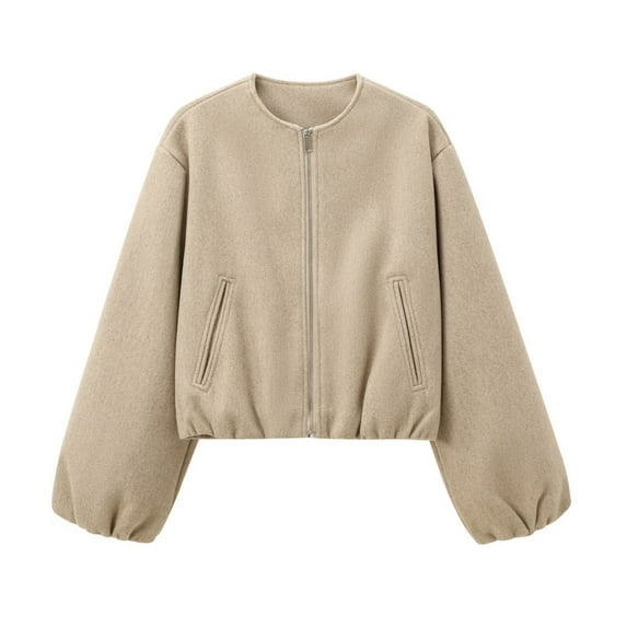 Edvintorg Bomber Jacket Women Long Sleeve Streetwear Solid Color Full Zip Casual Coat with Pocket Fall Winter Women's Clothing Khaki XS