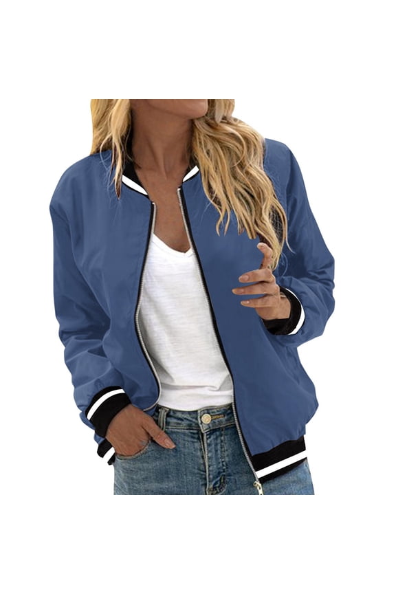 Bomber Jacket Women Trendy 2025 Solid Long Sleeve Casual Zipper Coat with Pocket Fashion Fall Winter Lightweight Outerwear Blue M