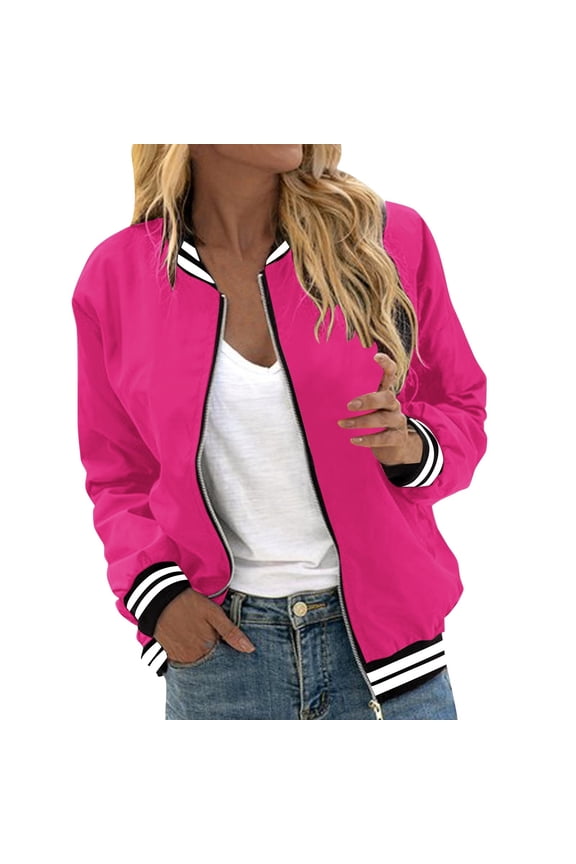 Bomber Jacket Women Trendy 2025 Solid Long Sleeve Casual Zipper Coat with Pocket Fashion Fall Winter Lightweight Outerwear Hot Pink S