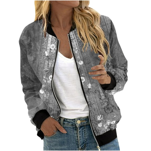 Edvintorg Bomber Jacket Womens 2025 Women's Zip Up Jackets Casual Fashion Vintage Printed Pocket Long Sleeve Coats Gray M