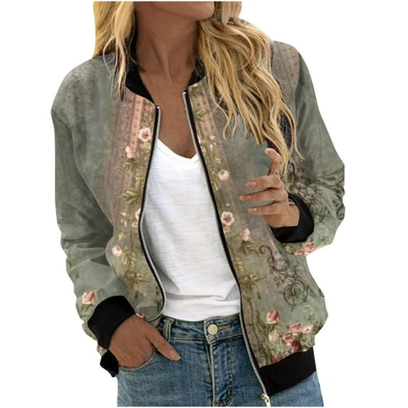 Edvintorg Bomber Jacket Womens 2025 Women's Zip Up Jackets Casual Fashion Vintage Printed Pocket Long Sleeve Coats Green M