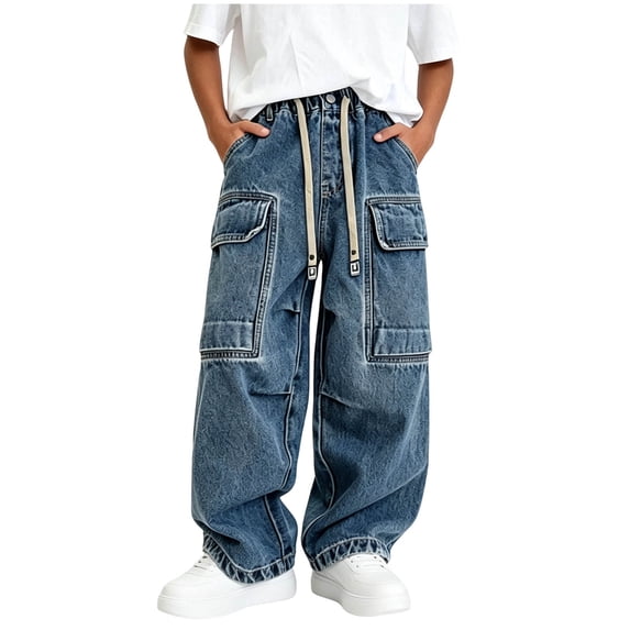 Edvintorg Boys Baggy Jeans Streetwear High Waisted Wide Leg Denim Pants with Multi Pocket & Drawstring Teen Boy Clothes Size 5-14