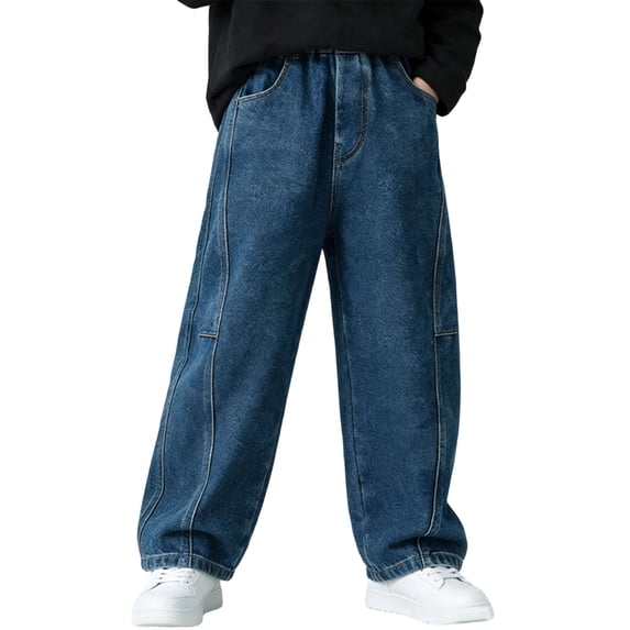 Edvintorg Boys Jeans Streetwear Classic Wide Leg Jeans Casual Elastic Waist Demin Pants with Pockets Teen Boy Clothes 5-15